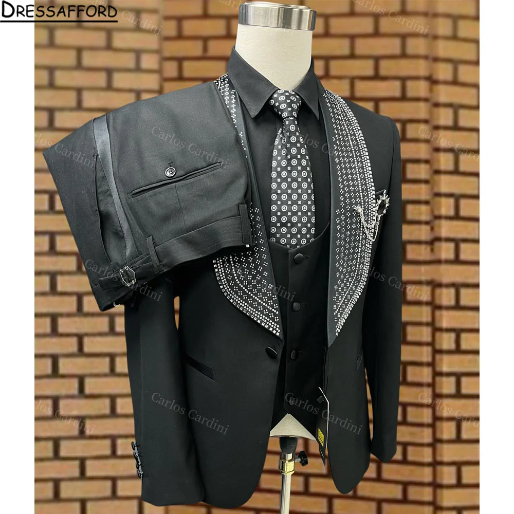 Luxury Formal Black Wedding Men Suit Set Slim Fit Groomsmen Groom Tuxedo Designs Shiny Shawl Lapel Blazer Pants