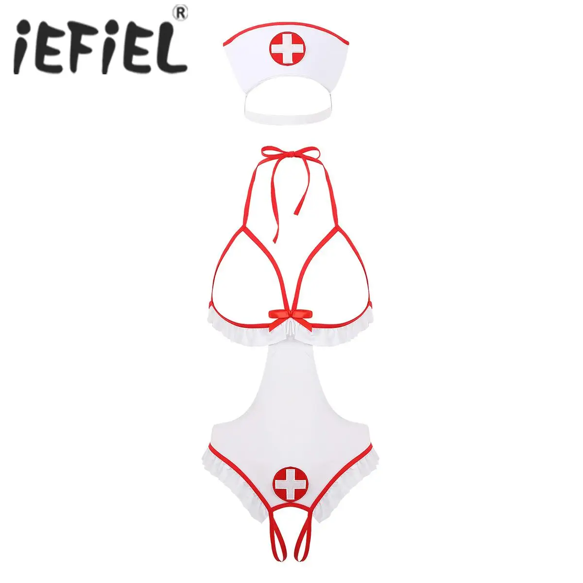 Womens Fantasy Sexy Nurse Cosplay Roleplay Lingerie Set Halter Neck Open Cups Crotchless Tie-on Leotard Bodysuit with Headband