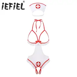 Womens Fantasy Sexy Nurse Cosplay Roleplay Lingerie Set Halter Neck Open Cups Crotchless Tie-on Leotard Bodysuit with Headband