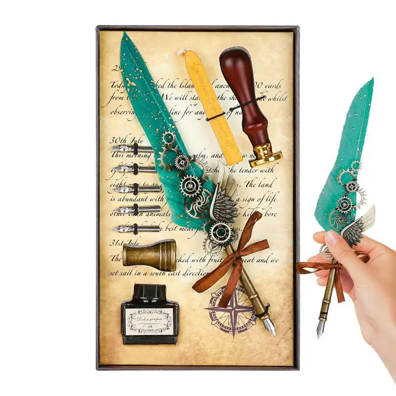 

Ink Feather Pen Set Vintage Feather Pen Ink Set Calligraphy Pen Dip Pen Wax Seal Stamp Kit Office Desk Accessories