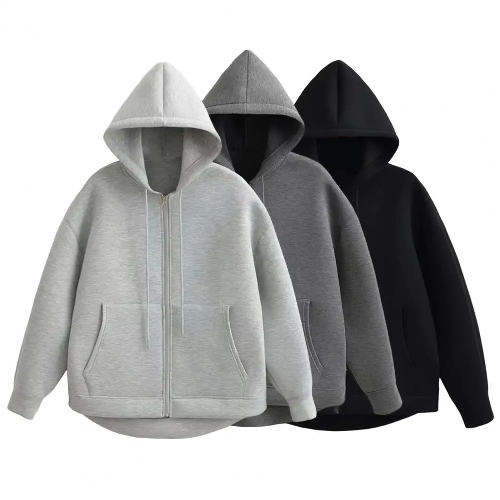 

Loose Jacket Cozy Hooded Sport Coat with Big Pockets for Women Warm Winter Zip-up Jacket with Drawstring Elastic Cuffs Zipper