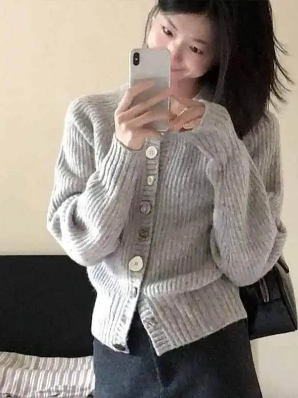 Casual Korean Style Long Sleeve Knitted Sweater round Neck Button up Spring Autumn Winter Versatile Striped Open Cardigan Coat