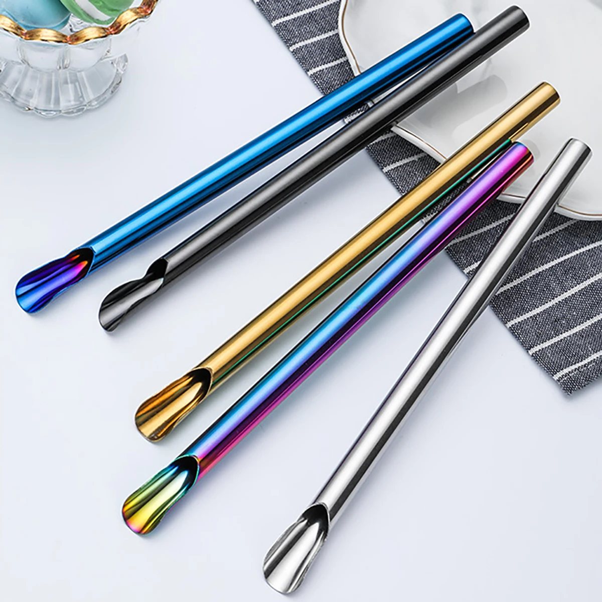 5pcs 304 Stainless Steel Reusable Straw Set Pearl Milkshake Bubble Tea Straw with Brush Stirring Smoothie Spoon Shaped Straw Set