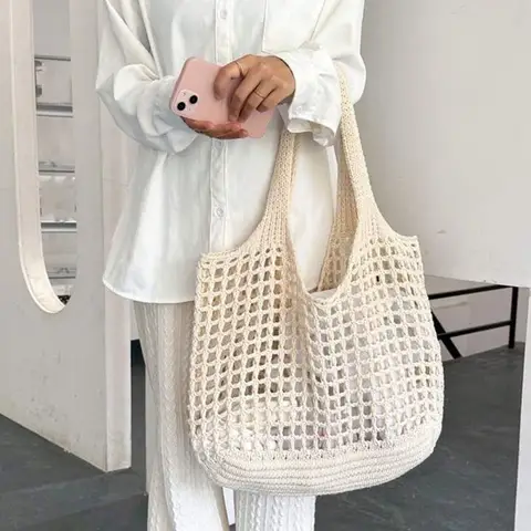 Fashion Vintage Solid Color Knitted Hollow Tote Bag Large Capacity Shopping Shoulder Bag Crochet Handbag for Women