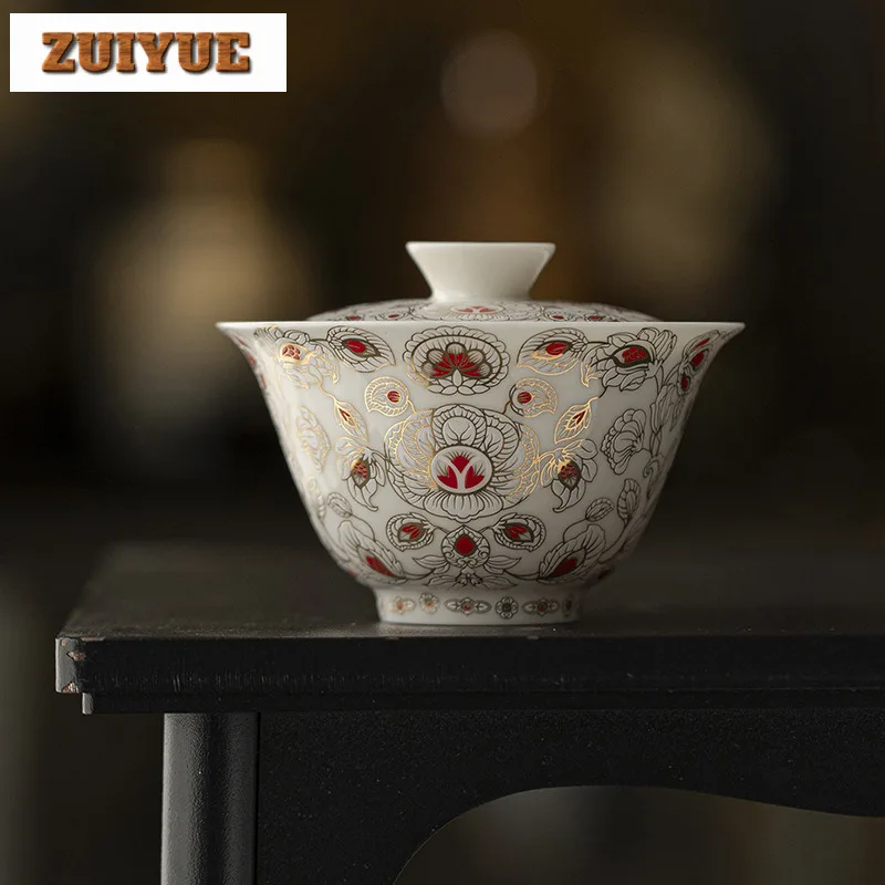 110ml Tang Dynasty Banquet Jade Mud Gaiwan Retro Gold And Silver Cudged Tea Tureen Tea Making Cover Bowl Tea Ceremony Ornaments