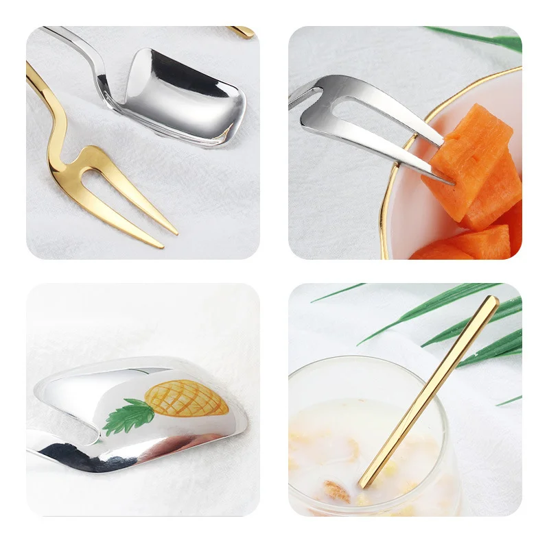 1pcs Stainless Steel Fruit Fork Wall-mounted Gold Plated Fork Long Handle Stylish Latte Ice Cream Sundae Coffee Spoon Spoons