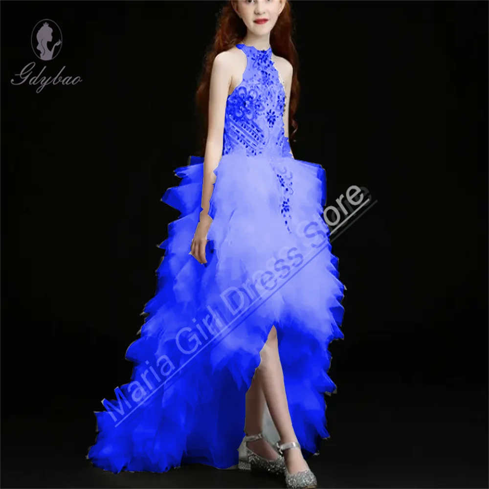 Party Dress New Kids Royal Blue Evening Princess Train Dreses Costume Performance Birthday First Communion Halter Neck Pageant