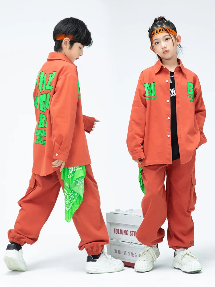 Orange Loose Tooling Clothes For Children Hip Hop Dance Costume Girls Jazz Performance Clothing Boys Streetwear Kpop Suit BL9327