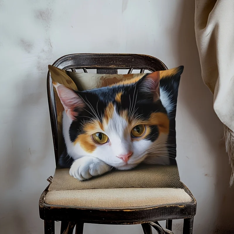 Contemplative Calico Cat Double-Sided Pillow Cover, 1pc Contemporary Artistic Decorative Cushion Case for Sofa, Bed, Home Decor