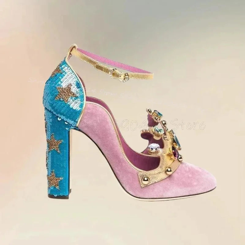 

Court Style Crystal Crown Design Pointed Toe Pumps Buckle Strap Women Shoes Chunky High Heels Banquet 2025 Zapatos Para Mujere