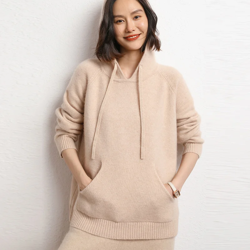 2023 Spring Winter 100% Pure Cashmere Sweater Women Knitted Hooded Pullovers Loose Lady\'s Grade Up Long Sleeve Soft Warm Tops