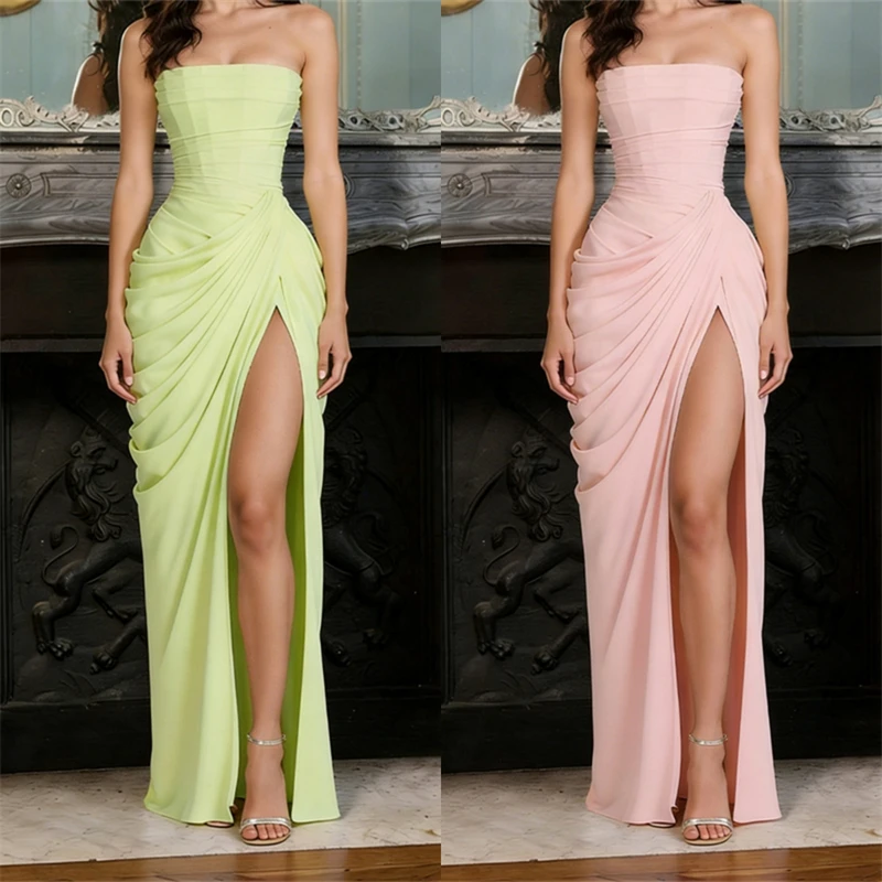 

Women Strapless Pleated Long Dress Elegant Solid Split Sleeveless Backless High Waist Slim Fit Maxi Dresses 2026 Lady Party Robe