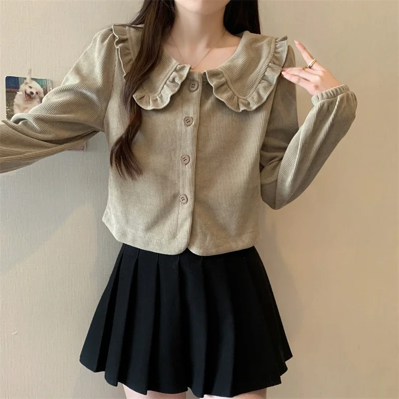 Kawaii Doll Collar Corduroy Shirts Women Spring Autumn Single Breasted Blouse Female Vintage Long Sleeve Streetwesr Tops Y2k New