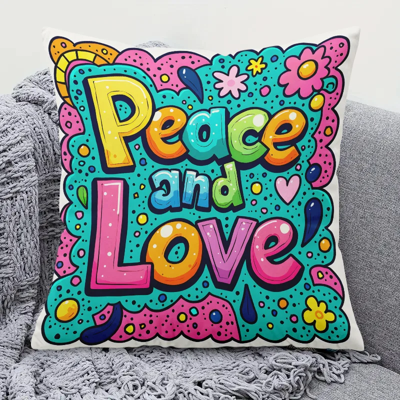 1pc Peace and Love Colorful Doodle Throw Pillow Cover,Suitable for Bedroom,Living Room,A Unique Gift for Trendy Aesthetic Lovers