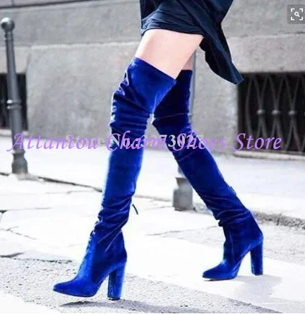 

Синие бархатные женские длинные сапоги на массивном каблуке, модные высокие сапоги до бедра с острым носком, женские сексуальные сапоги выше колена, банкетная обувь
