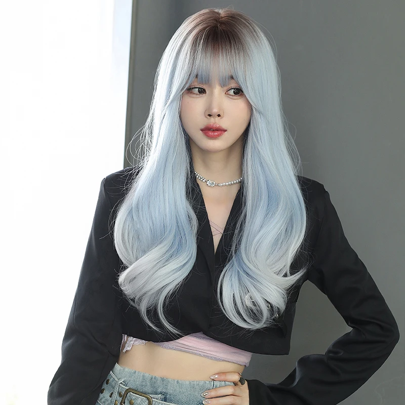 7JHH WIGS Lolita Wig Synthetic Body Wavy Ice Blue Wigs with Dark Roots High Density Curly Ombre Wig for Women Beginner Friendly