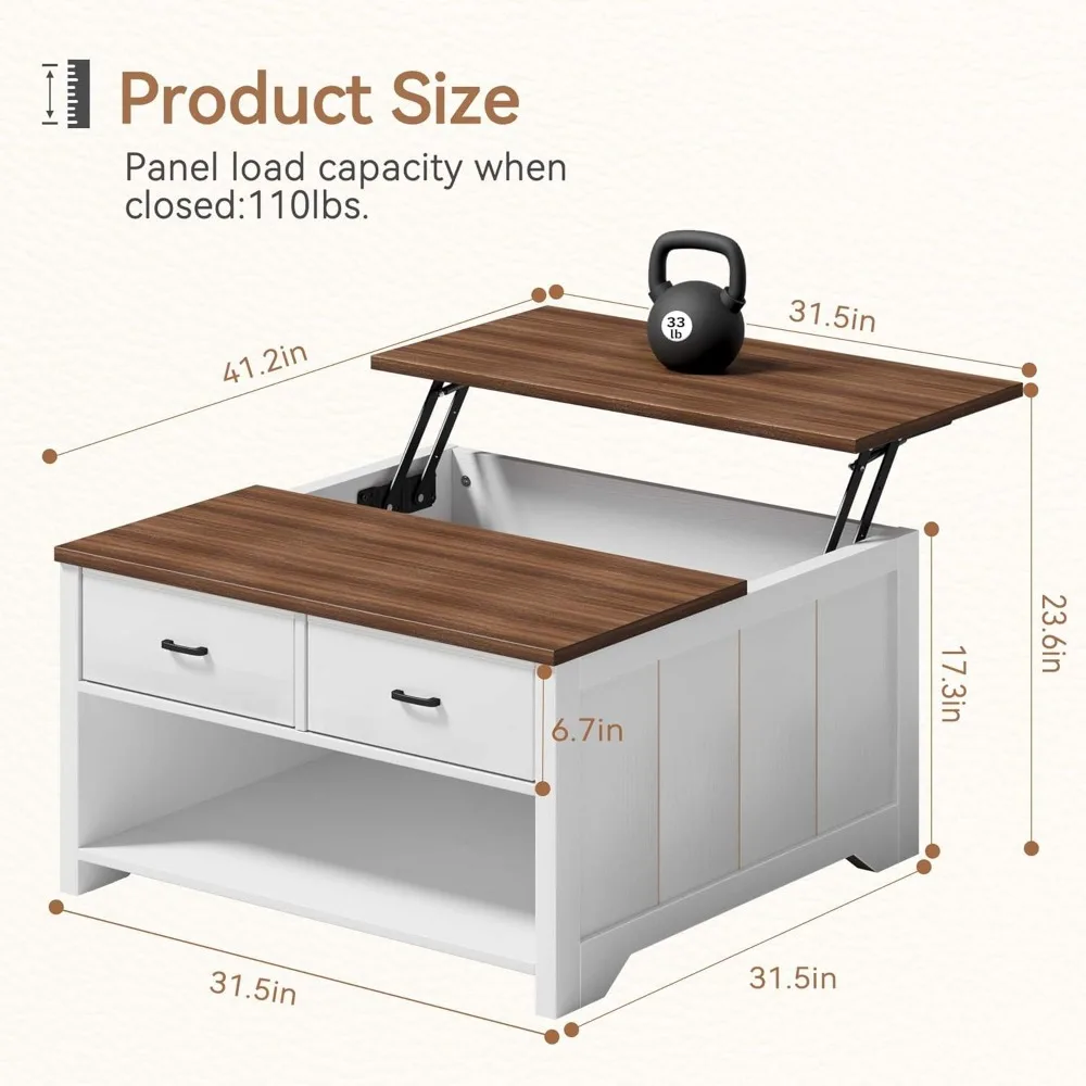 Coffee Table Lift Top, Wood Tea Table with Big Open Storage, Square Coffee Tables for Living Room, Farmhouse Coffe Tables Rustic