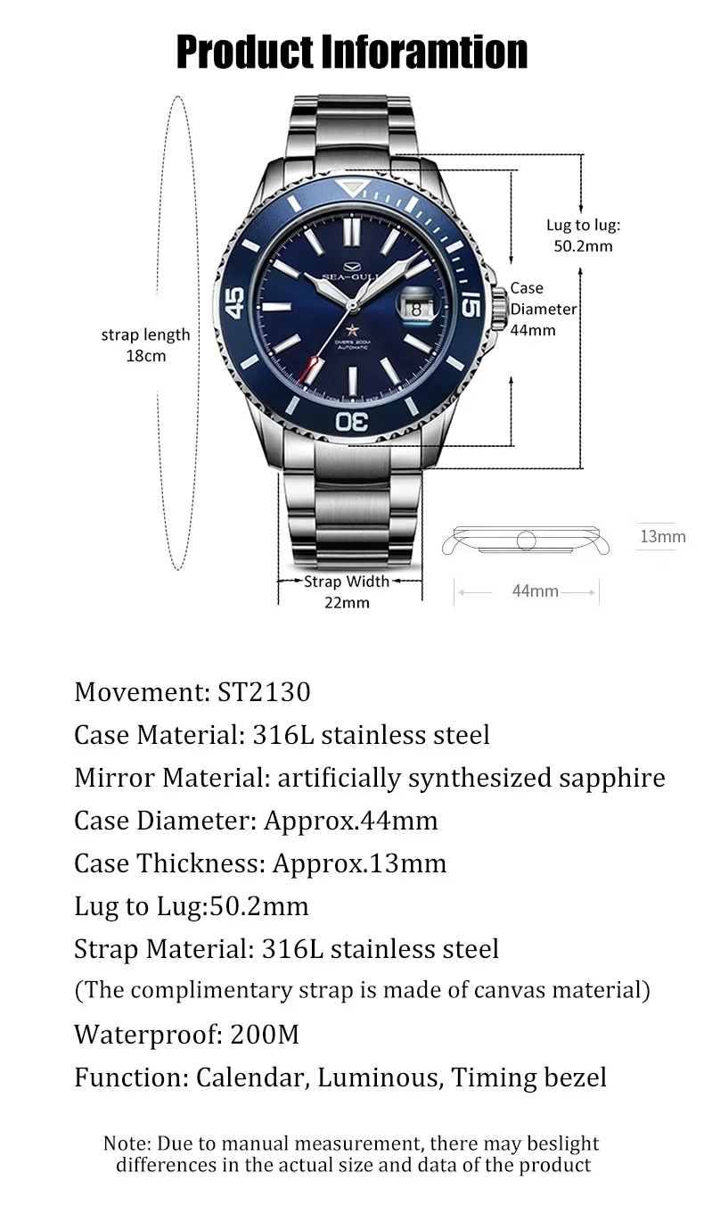 SEA-GULL Seagull 816.523 Orologio Uomo Automatico: Cassa 44mm, Vetro Zaffiro, Impermeabile 200m, Calendario Luminoso, Cinturino Acciaio