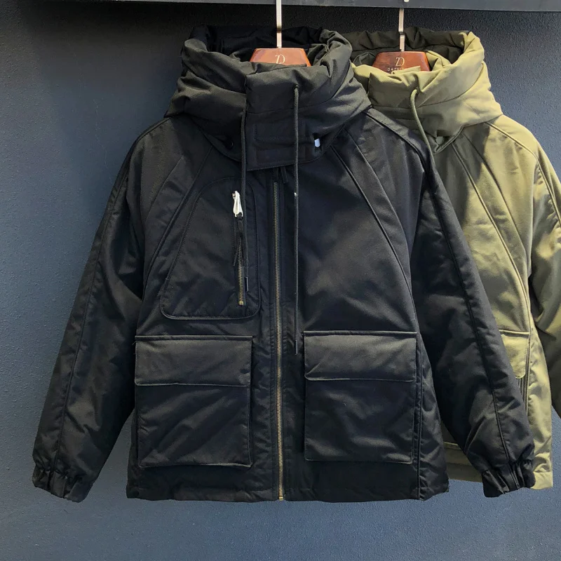 

Winter new men's hooded stand up collar down jacket, fashionable workwear pocket, high-end casual simple outdoor clothes