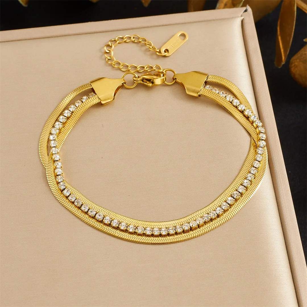 Punk Iced Out Bling Zircon Bracelet Gold Color Stainless Steel 3 Layer Flat Blade Snake/Tennis Chain Bracelet for Woman Jewelry