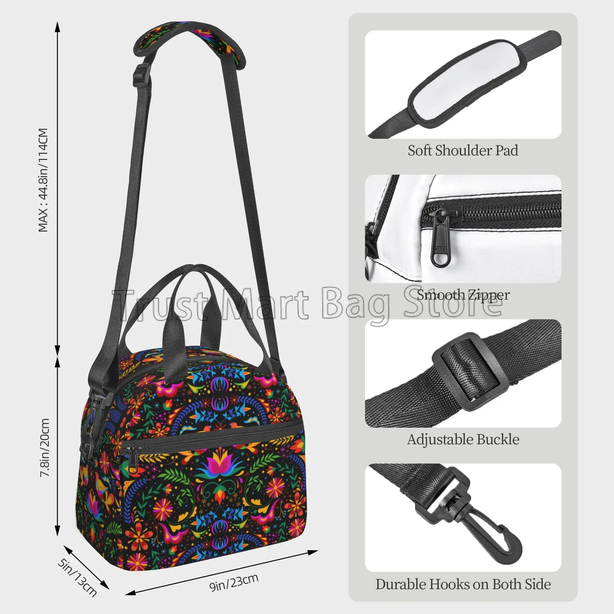 Mexican Flowers Otomi Insulated Lunch Bag Tote Meal Cooler Bag Reusable Portable Thermal Lunch Box for Work School Picnic Beach