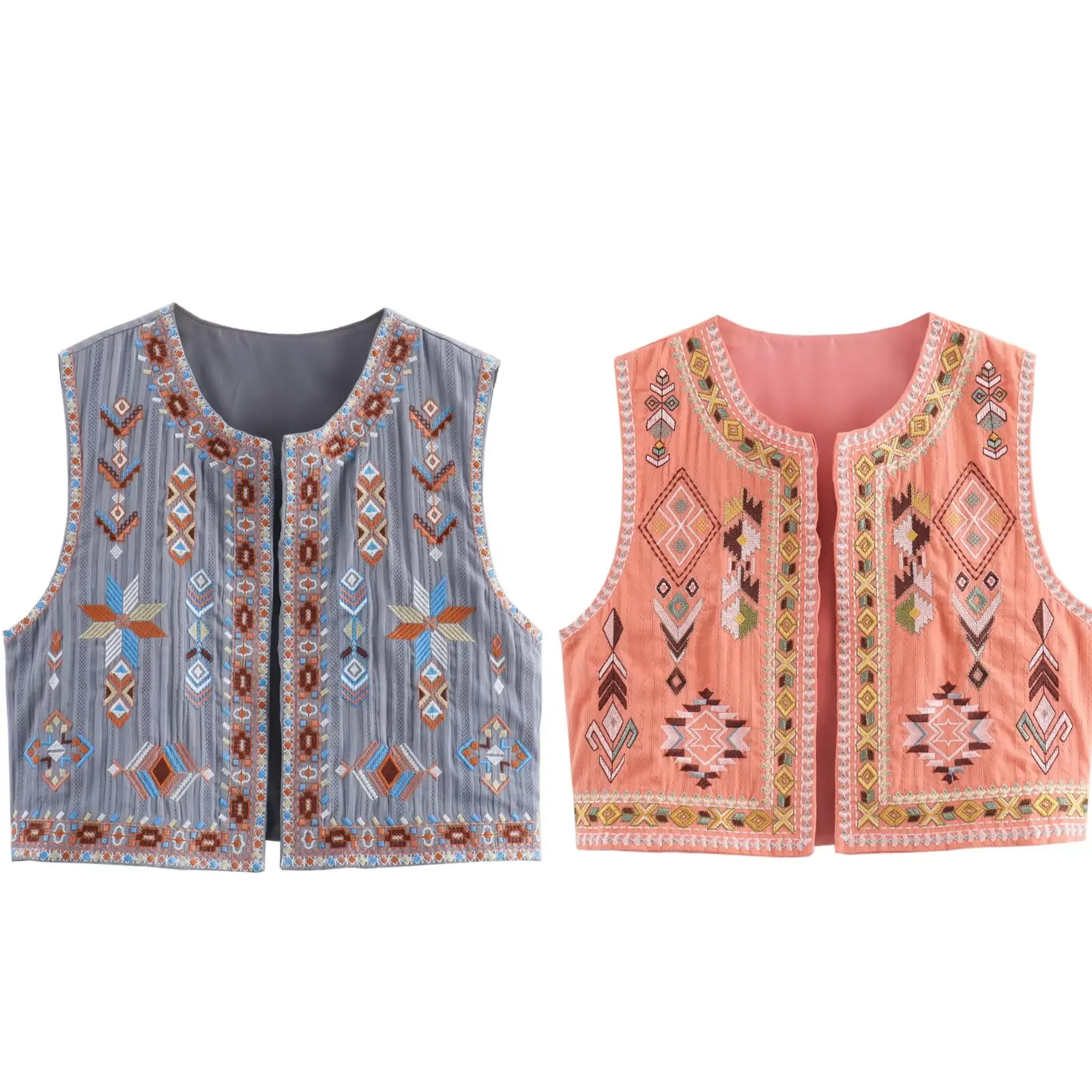 

2024 Summer New Women's Clothing European and American Style Retro Round Neck Sleeveless Loose Embroidered Vest Short Coat
