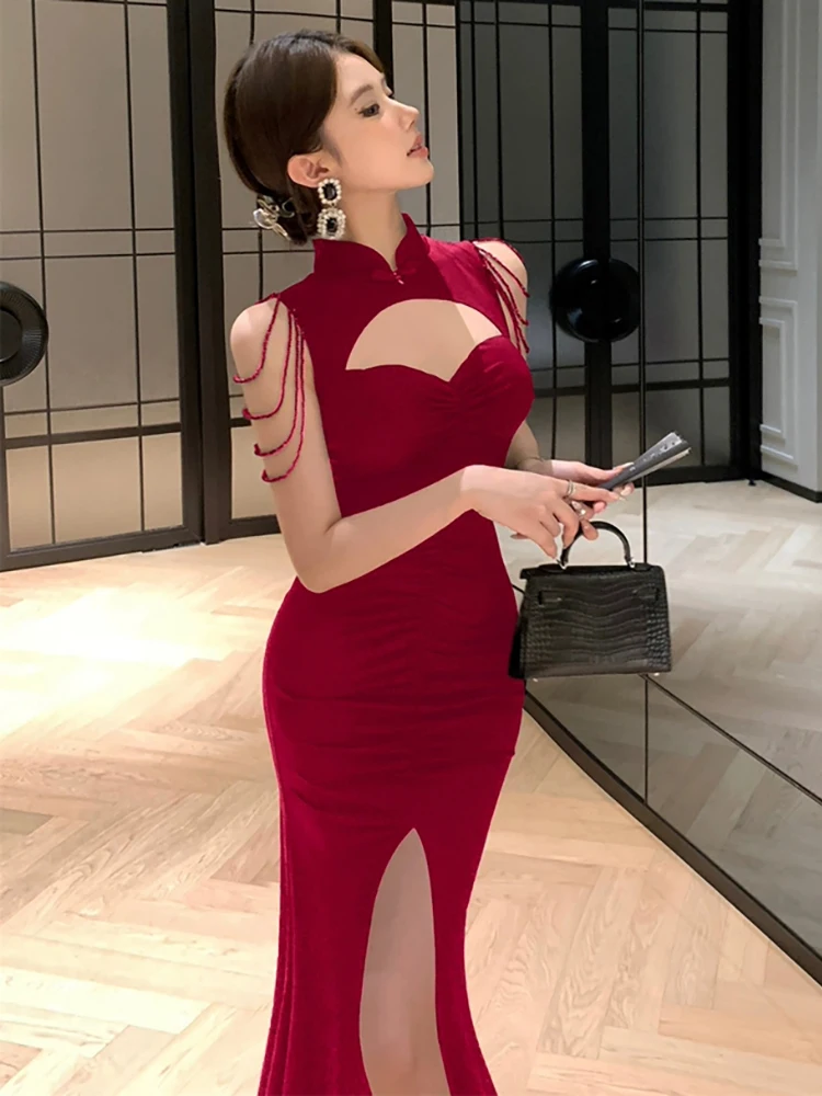RORIRI เซ็กซี่ตัดพู่ Neo-จีน Cheongsam ผู้หญิง STAND COLLAR จีบ Bodycon แยก Mermaid ชุดยาว Retro PARTY ชุด
