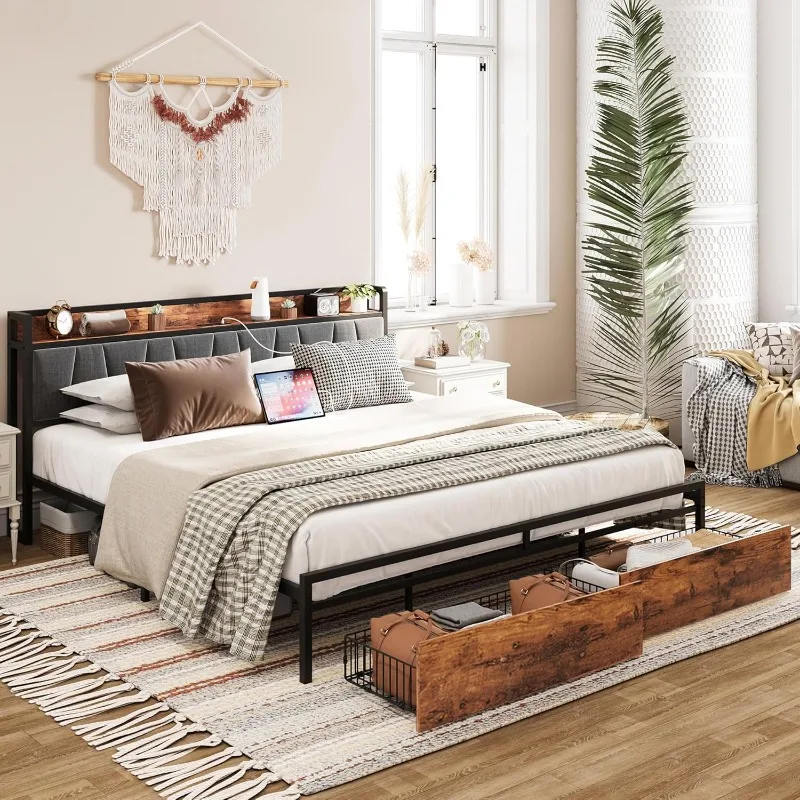 King Size Bed Frame, Storage Headboard with Charging Station, Platform Bed with Drawers, No Box Spring Needed, Easy Assembly