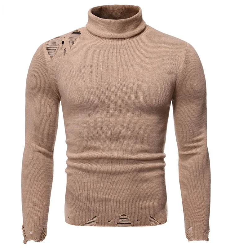 

Mens Destroyed Hole Knitted Sweaters Lightweight Slim Fit Design Long Sleeve Knitting Tops Turleneck Thin Knittwear