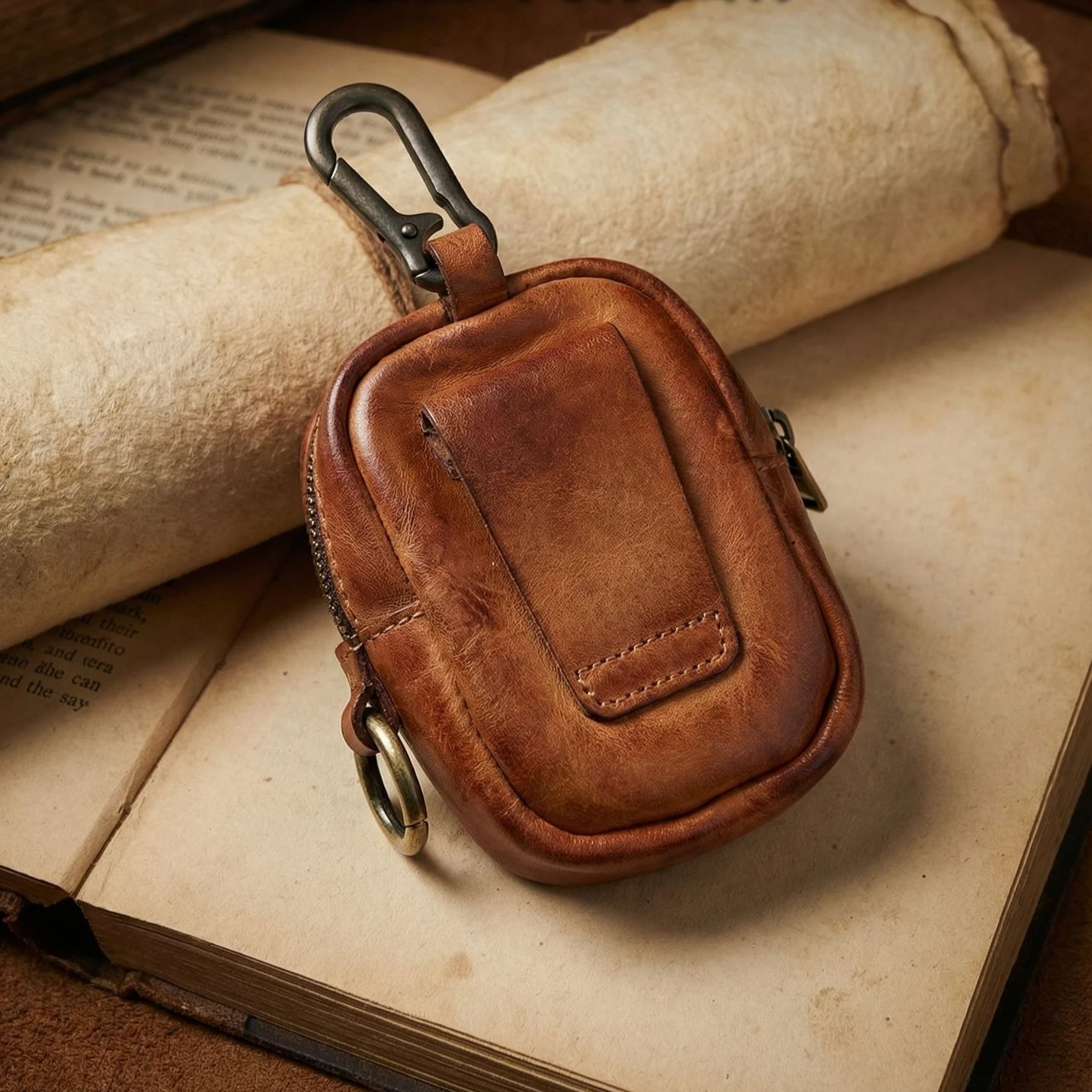 Men's Coin Purse, Genuine Leather Mini Coin Wallet Zipper Pocket with Back Belt Loop, Lightweight  Keychain Pouch for Men