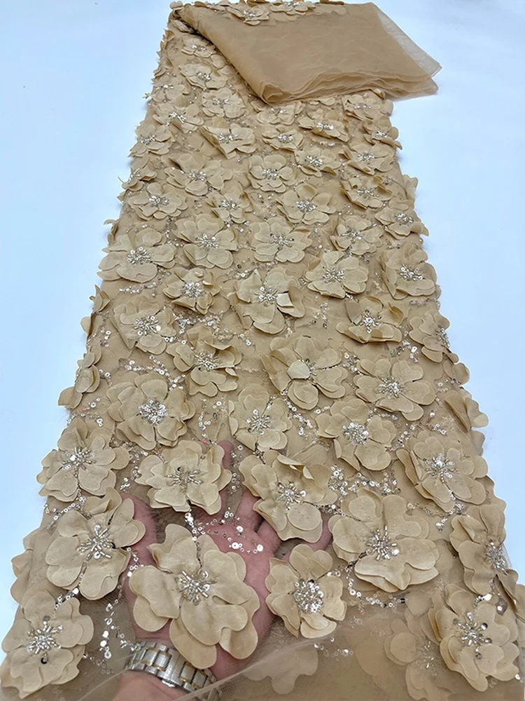 White Lace Fabric with Heavy Bead Tube Embroidery 3D Flowers Sequins Laser Dress Fabric Home Sponge Pad DIY Handcraft view 4