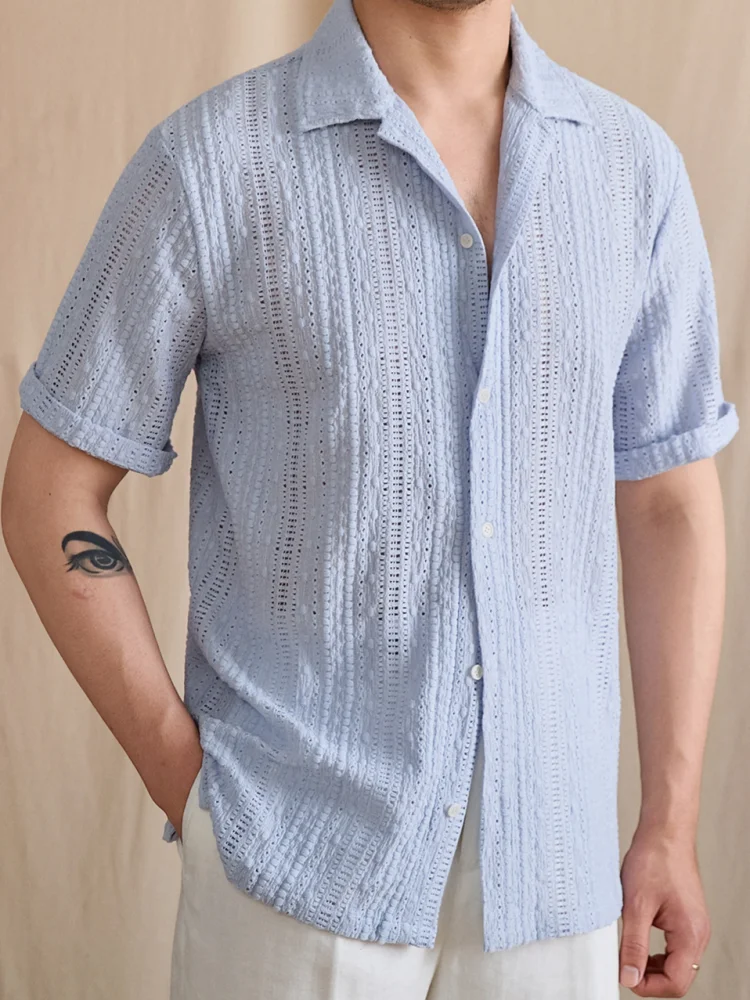 Leisure Male Turn Down Collar Short Sleeve Shirts Solid Color Single-Breasted Breathable Mens Tops Men Hollowed-Out Shirt