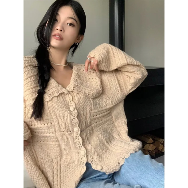 Women\'s Clothing Apricot Knitting Sweater Cardigan Long Sleeves Cashmere Vintage 2024 Spring Fashion Solid Baggy Ladies Tops