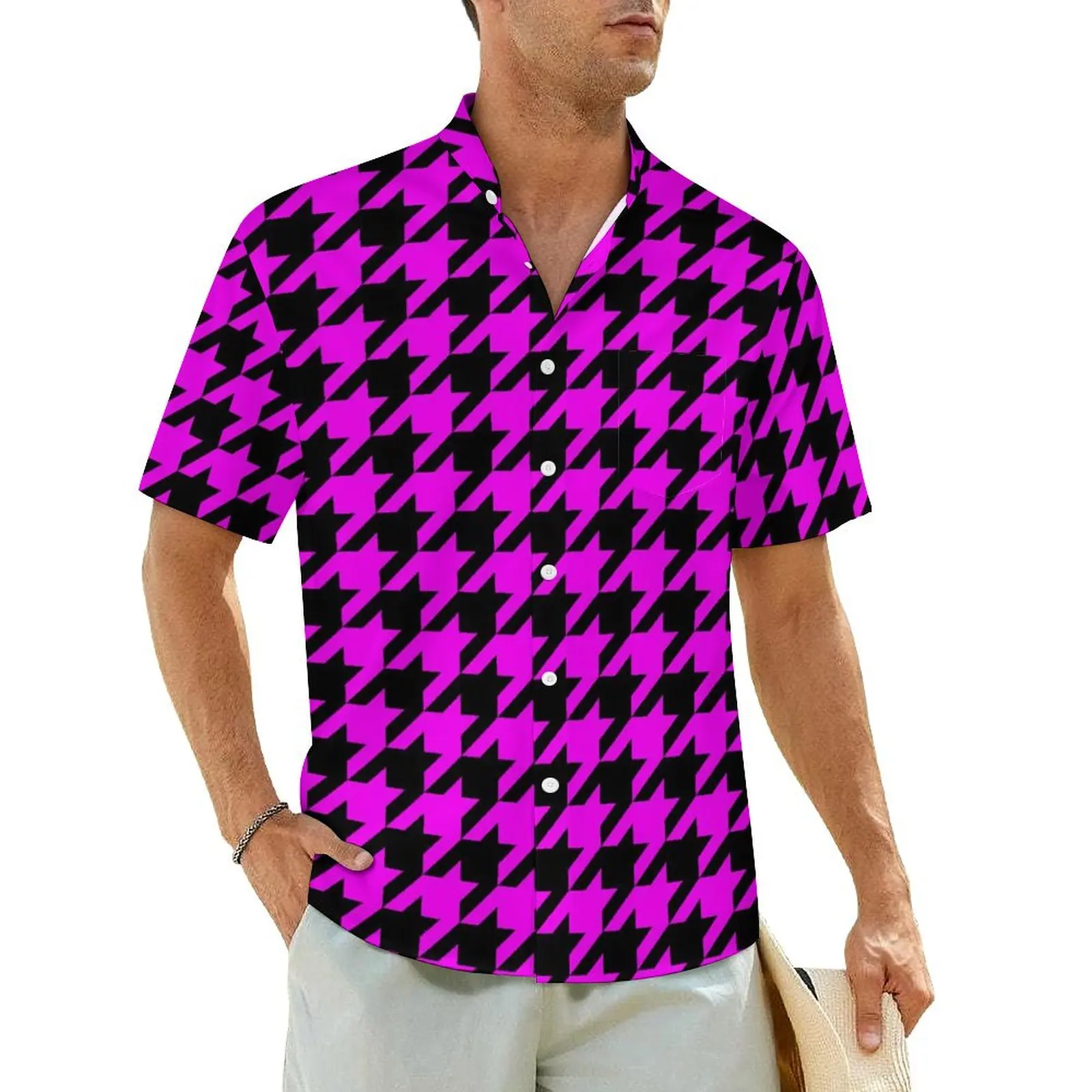 

Retro Houndstooth Beach Shirt Men Purple And Black Elegant Casual Shirts Hawaiian Short Sleeve Street Style Oversize Blouses