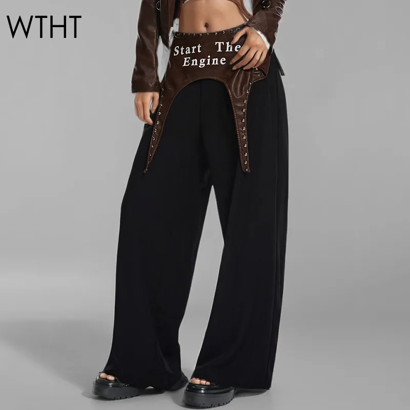 WTHT Trendy Women's Patchwork PU Leather Casual Wide Leg Pants 2024 Winter Letter Print High Waist Casual Trousers Female 1LS447