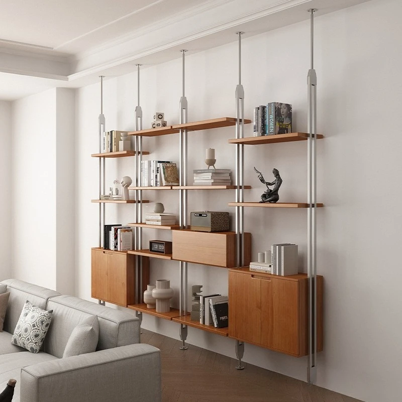 

Medieval solid wood bookshelf, bookcase, upright multi-layer wrought iron wall-mounted storage, living room floor-to-ceiling