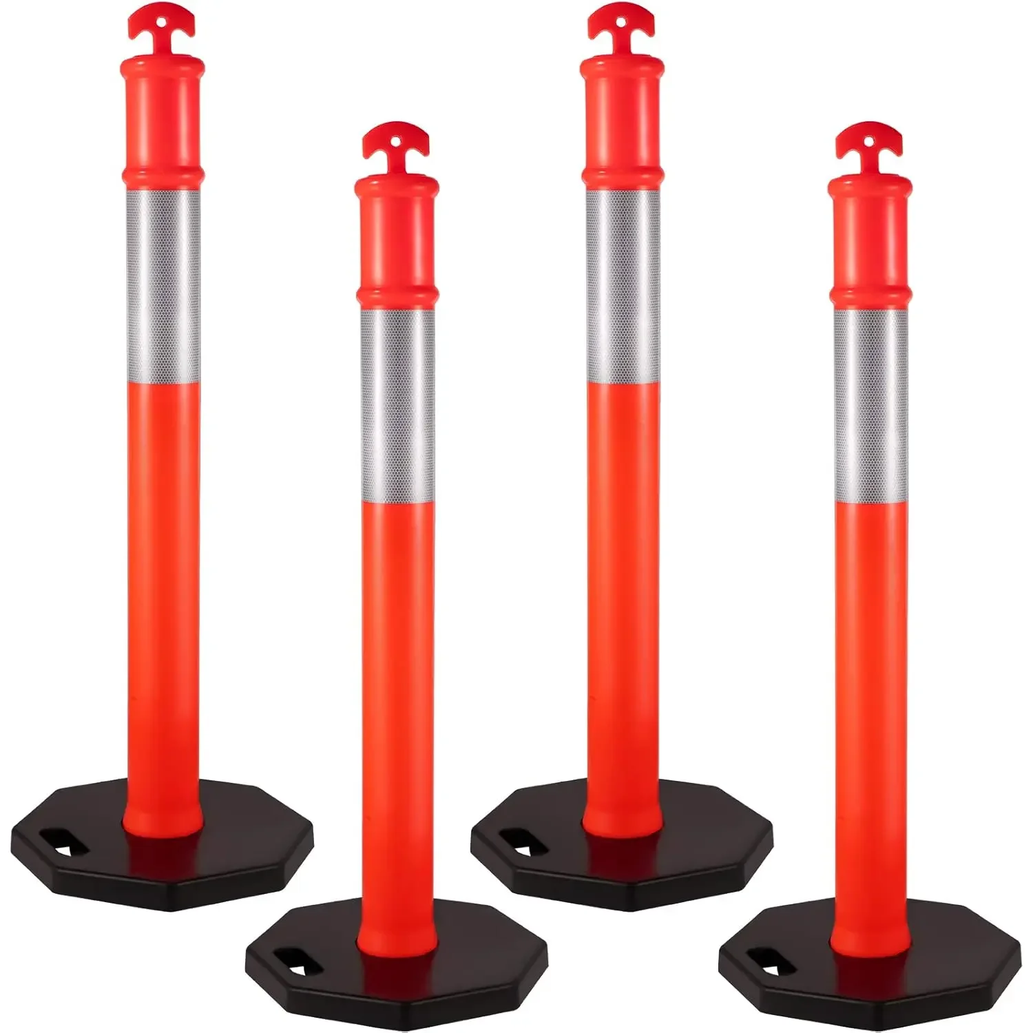 4Pack Traffic Delineator Posts 44 Inch Height, PE Delineator Post Kit 10 inch Reflective Band, Orange Delineator Cones with