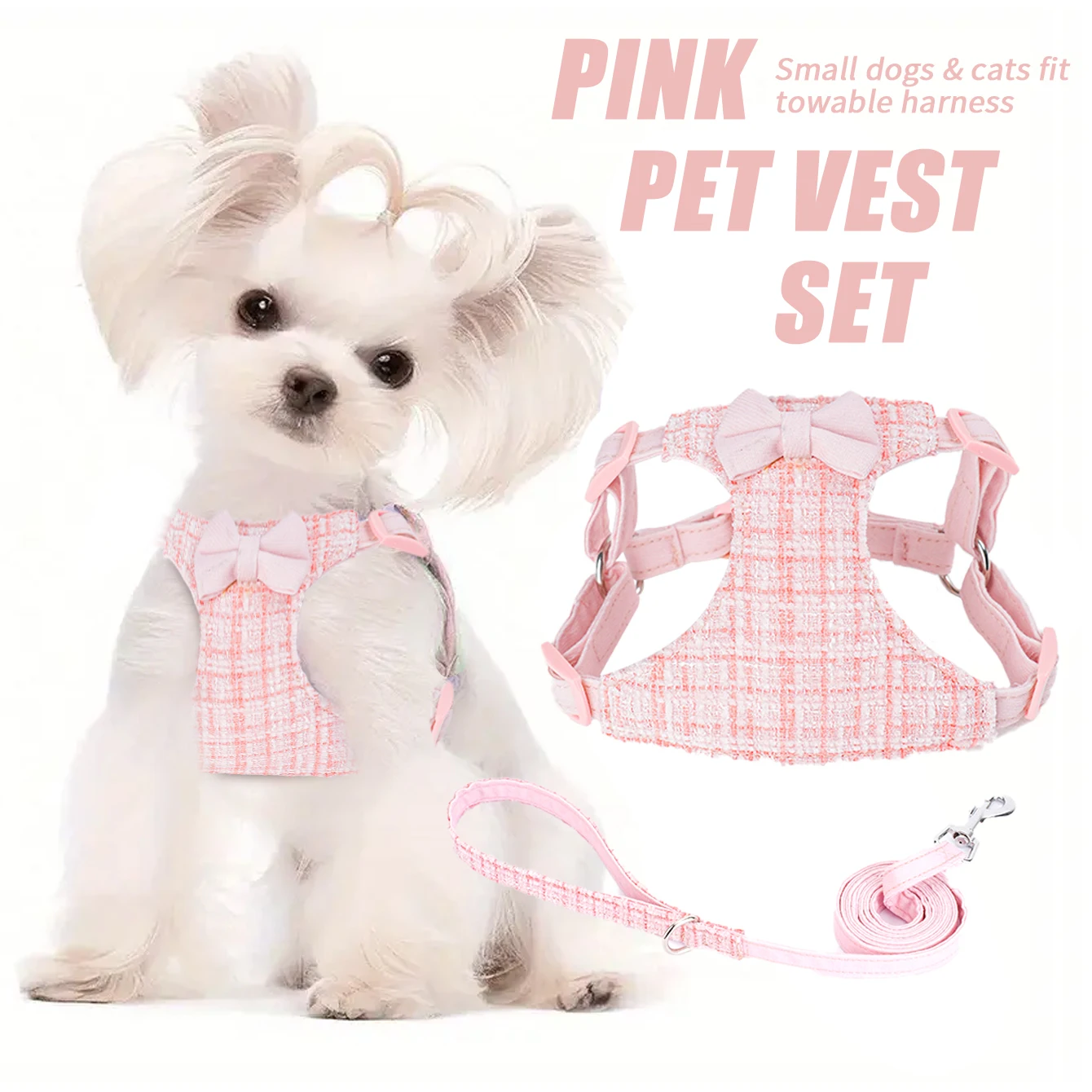 HLP287--قماش منسوج ملون، حزام قابل للتعديل للقطط والكلاب، مع حبل جر بطول 1.5 متر من نفس اللون، ودعم صديق للبشرة.