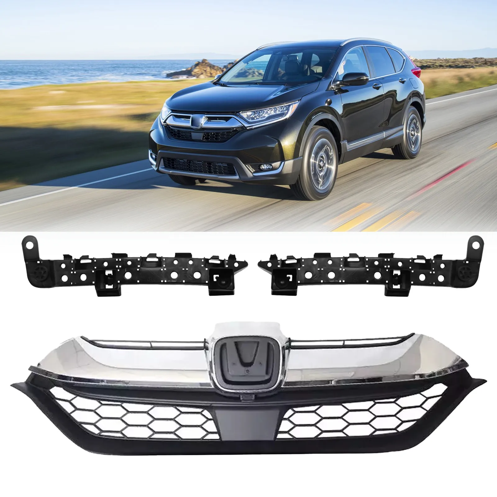 

For 2017-2019 Honda CRV CR-V Front Bumper Upper Grille Chrome &Retainer Brackets