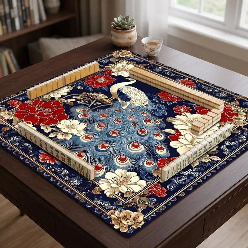 VIKAMA Peony Peacock Chinese Mahjong Mat Thick Soundproof Non Slip Pad Mahjong Poker Domino Desktop Cover