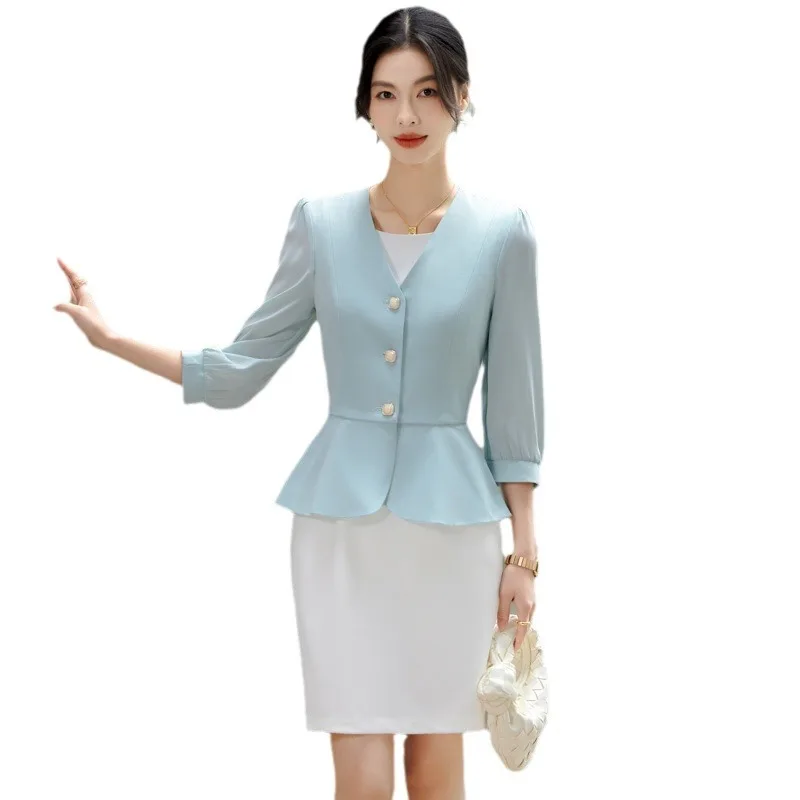 Women Formal 2 Pieces Set 2024 New Fashion Lantern Sleeve Jacket + White Dress Suit Office Ladies Business Blazers Skirt Set