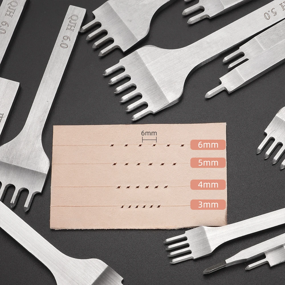 QJH 4 قطع من أدوات الخياطة الجلدية المصنوعة من الحديد الماسي - حدد تباعد الشق 3 مم 4 مم 5 مم 6 مم (1 + 2 + 4 + 6 شوكات)