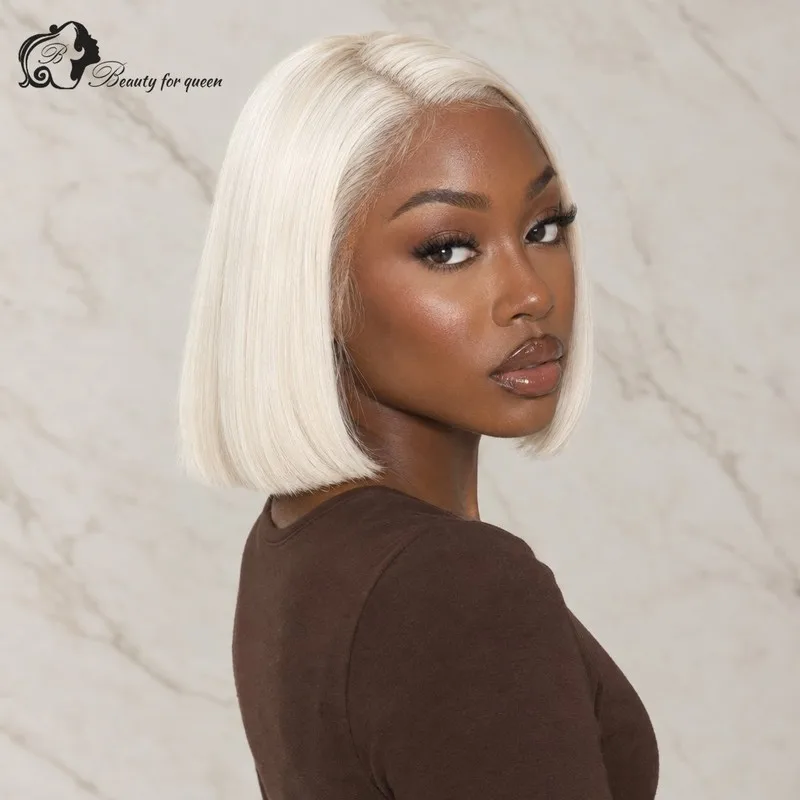 Platinum Blonde Straight Lace Front Wig Bob Heat Resistant Pro Everyday Glossy Middle Part Bouncy Transparent Bleached Knots
