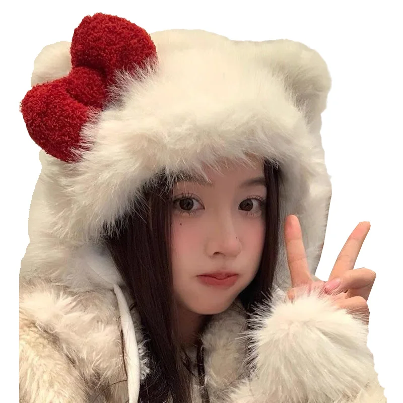 

Kawaii Sanrioed Anime Hello Kittys Winter Windproof Coldproof Soft Comfortable Warm Bow Plush Hat Christmas Brithday Gift