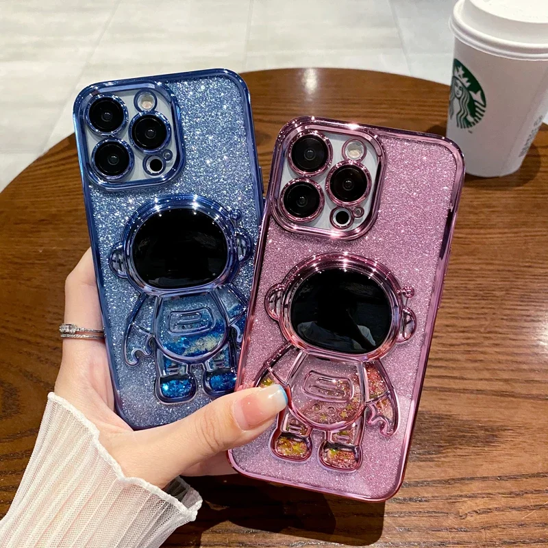 Luxury Astronaut Fold Stand Holder Glitter Plating Cases for IPhone 14 13 12 11 Pro Max Mini XS XR X 7 8 Plus SE 2020 Soft Cover