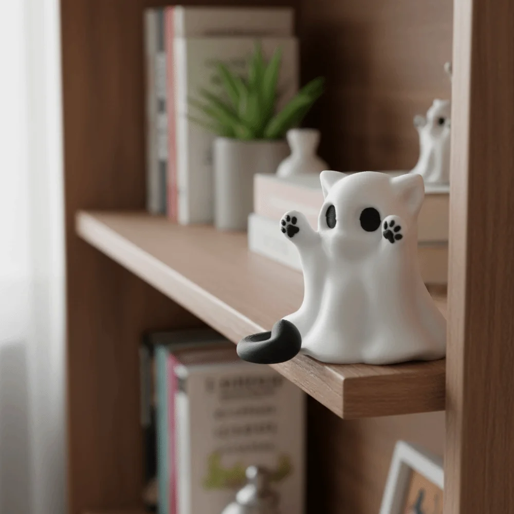 3D-printed Halloween Kitten Ghost Ornament Mini Plastic Ghost Cat Figurine Hand-Raising Posture Ghost Cat Ornament Collectible