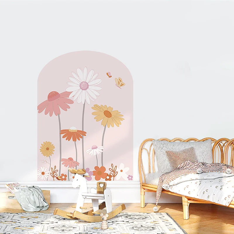 Pink Watercolor Arch Shape Daisy Wall Sticker Vinyl Waterproof Self-adhesive Flowers Wall Decal for Kids room Nursery Home Decor