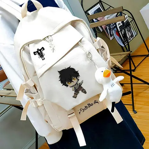 여아용 대용량 모차라 애니메이션 백팩, 학생 십대 학교 가방, 블랙 화이트, 블랙 클로버, 28 × 45 × 14cm