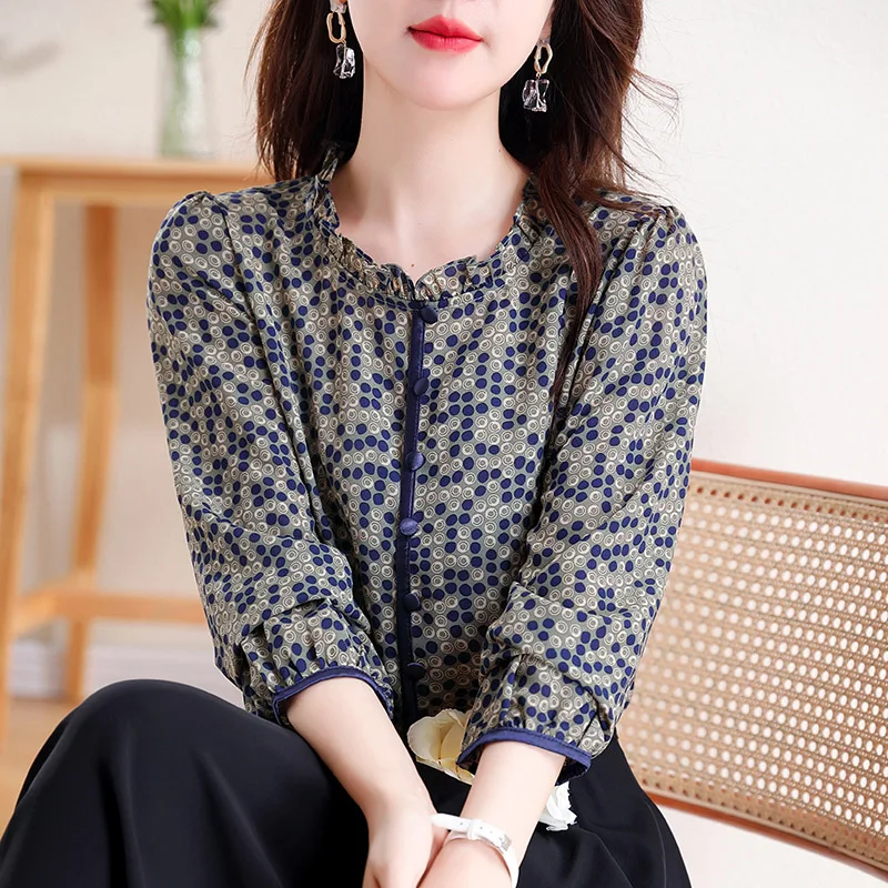 Frauen Kleidung Vintage gedruckt lose Bluse Frühling neue elegante Langarm hemden Büro Dame lässig Französisch Mode Tops