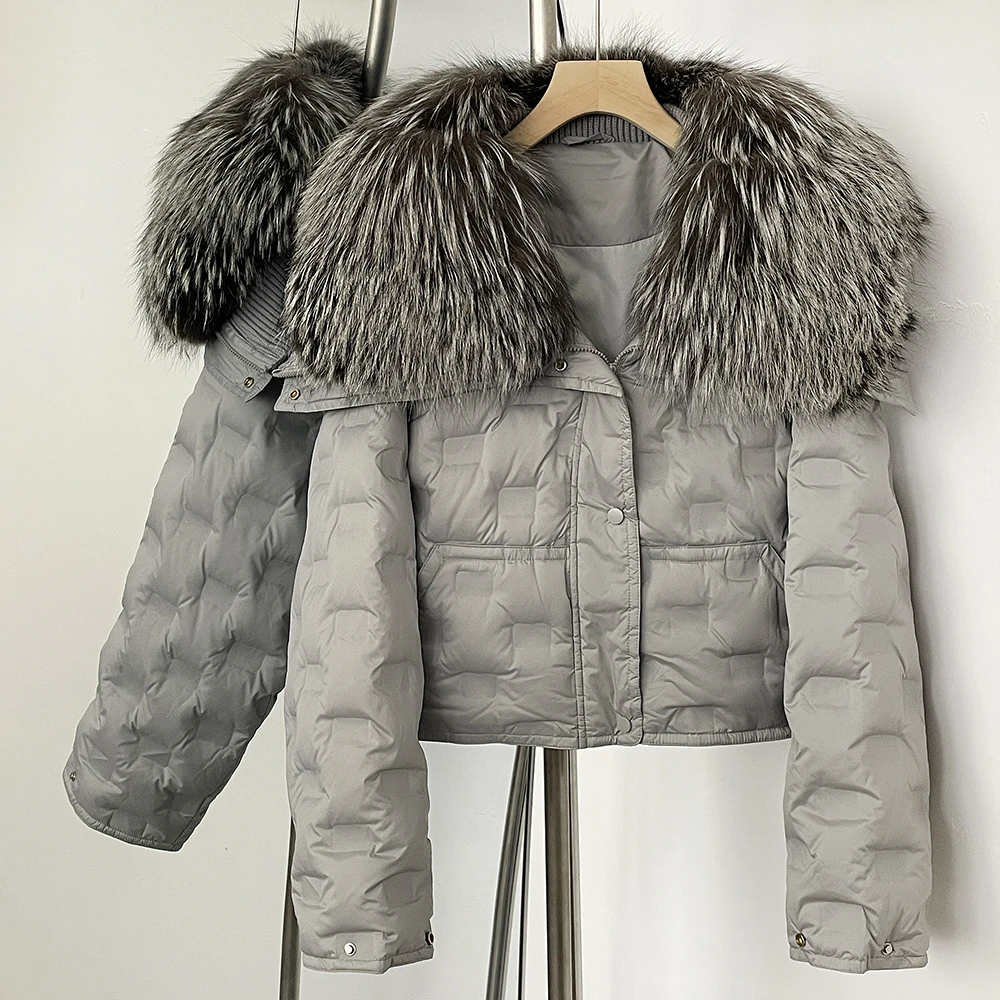 

White Duck Down Coat Female Short Real Fur Jacket Long Sleeve Thickened Warm Fluffy Fox Fur Puffer Jacket Women Winter Clothing